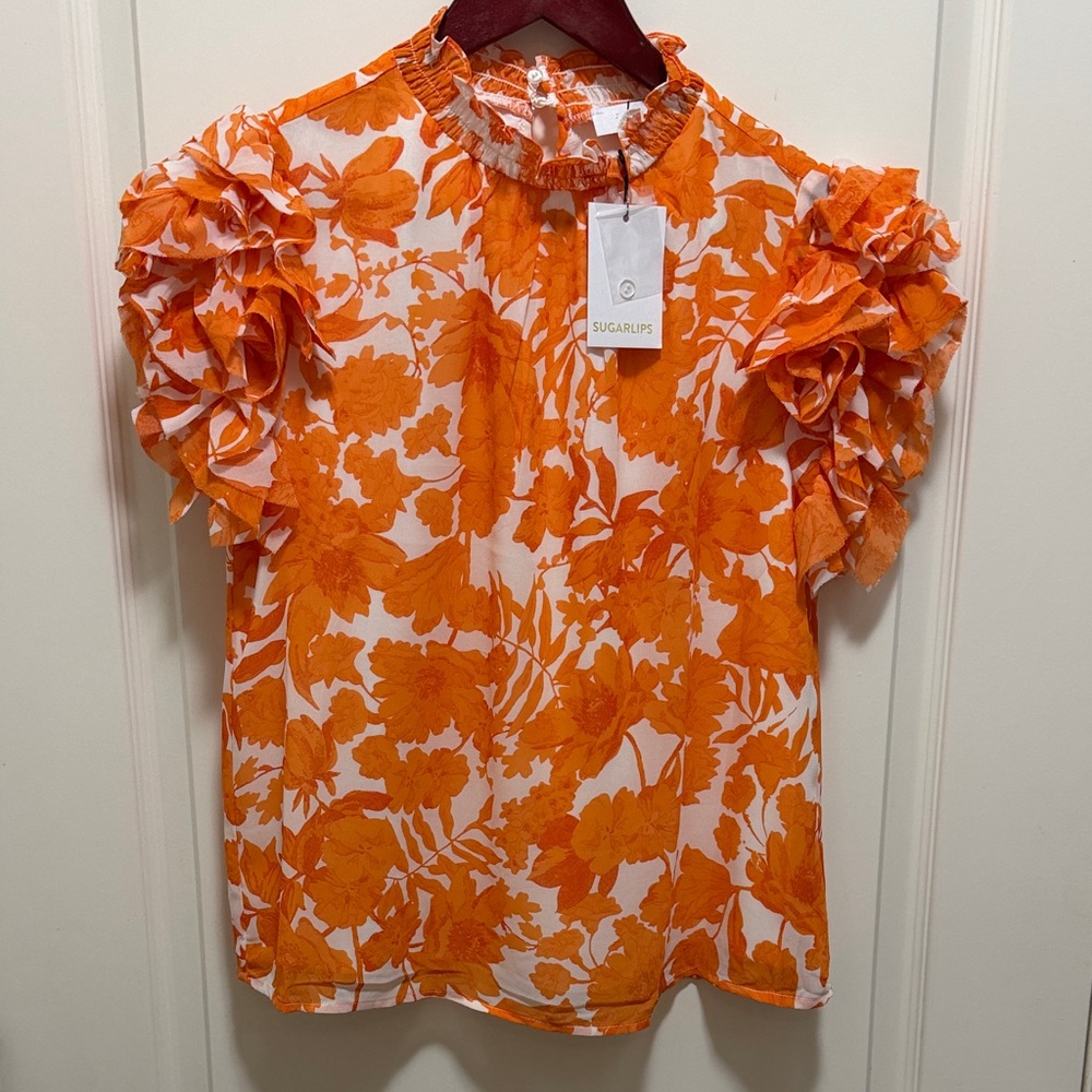 Sugarlips Orange and White Floral Ruffle Sleeve Blouse